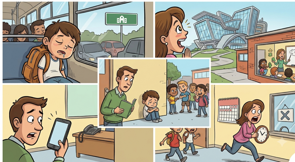 Historieta que muestra a padres e hijos en 5 escenas diferentes, ilustrando errores comunes al buscar colegio en Engativá, incluyendo transporte largo, mala comunicación y matrícula tardía. Consejos para elegir escuela.